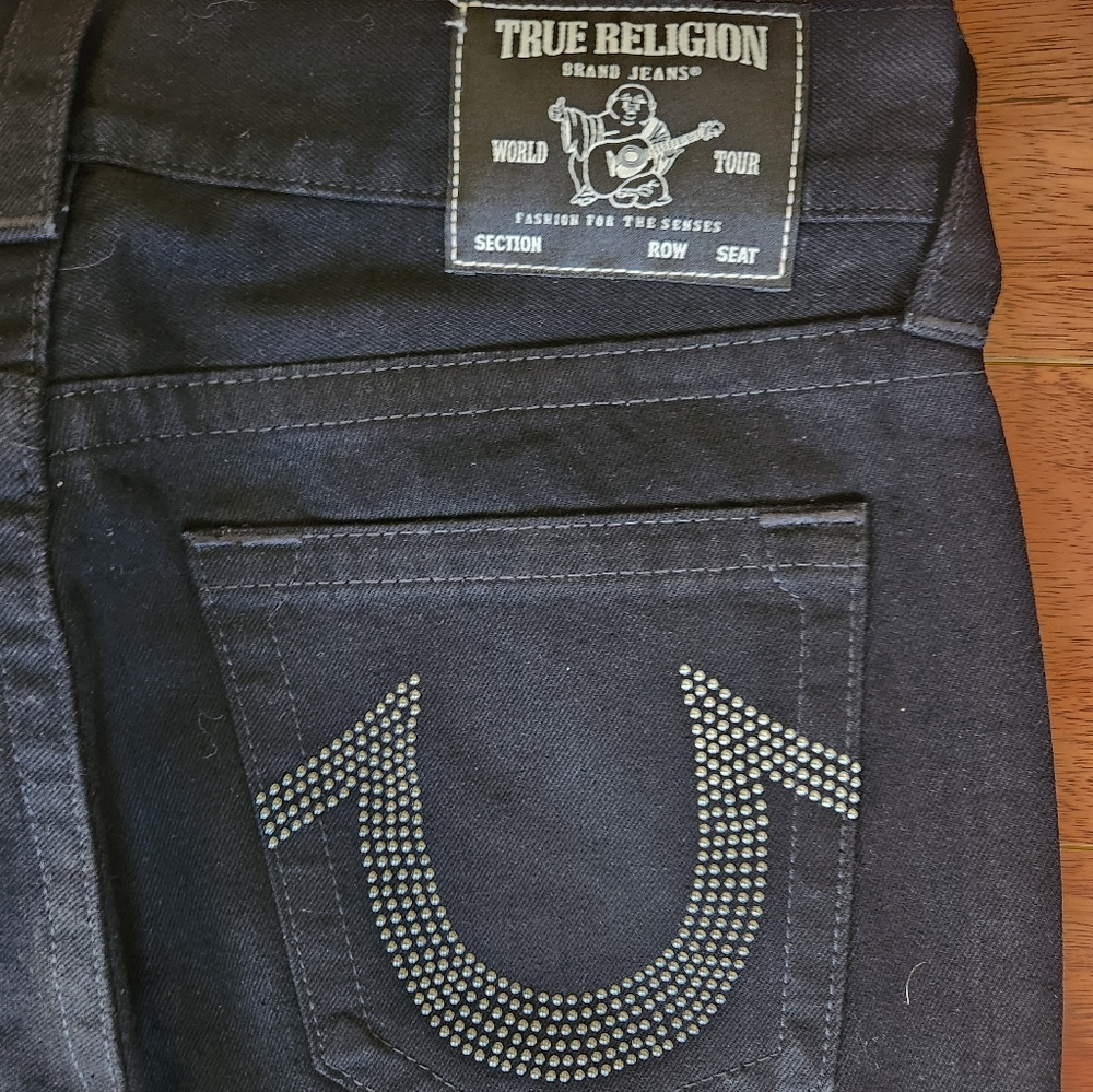 True Religion Ricky Relaxed Straight Jeans Black Silver Grommet Horseshoe Size 3